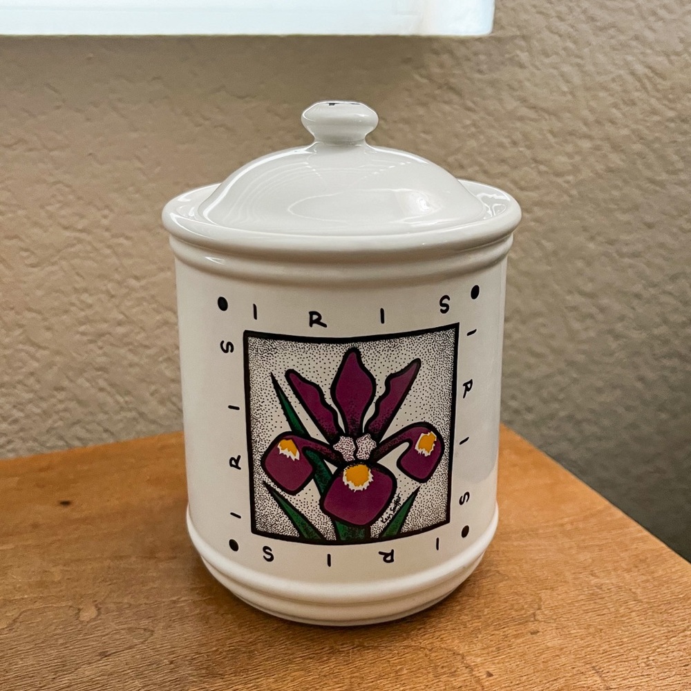 Vintage 1998 My Garden by Keri Sutter Iris Flower Ceramic Canister with Lid